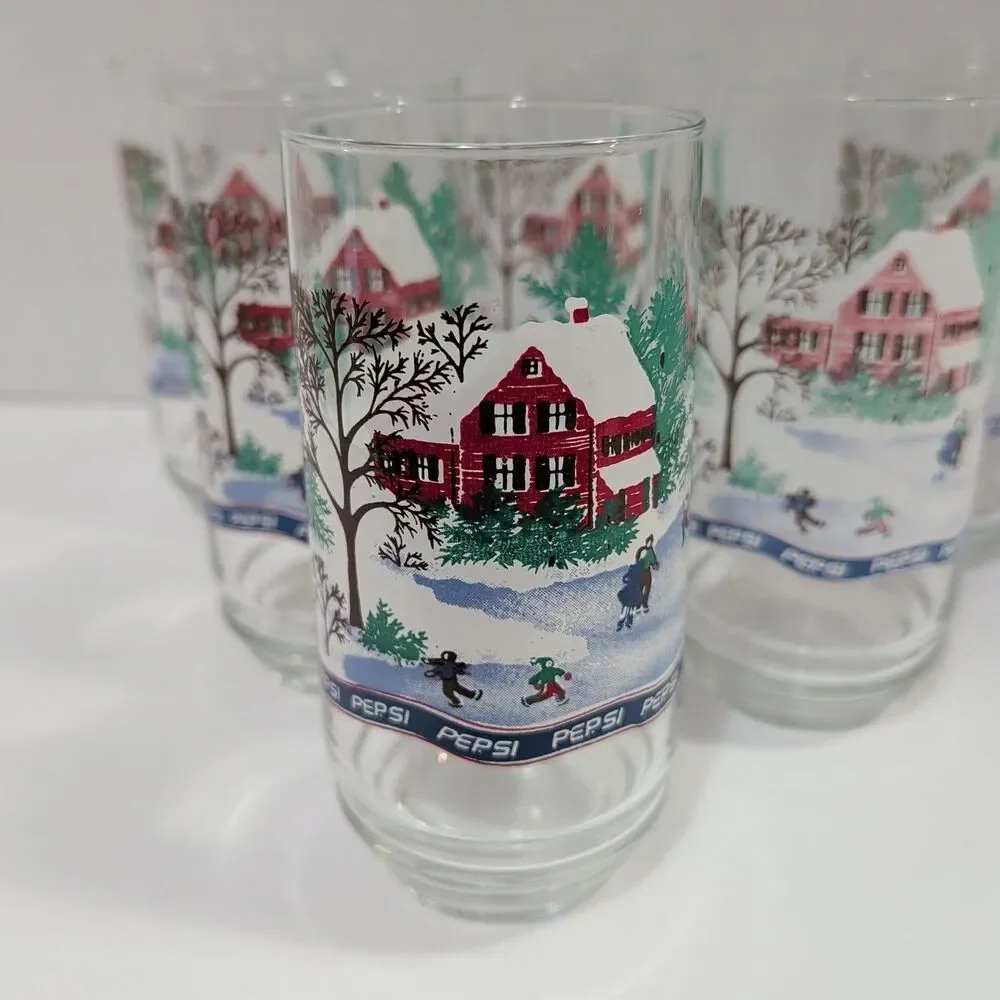 Vtg Pepsi Holiday 16oz Glasses Set of 6 Winter Cabin Snow Scene Retro